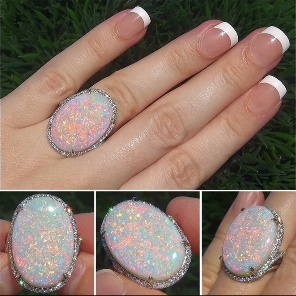 ¥ NEW HUGE OPAL DIAMOND SILVER HALO RING - Picture 5 of 5